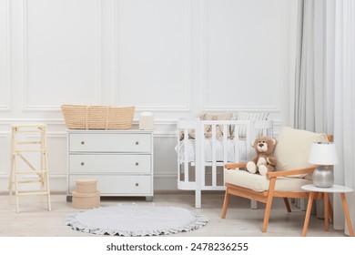 Newborn baby room interior with stylish furniture and comfortable crib - Powered by Shutterstock