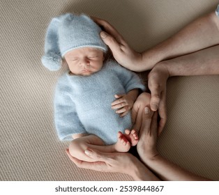 Newborn Baby Sleeps During A Photoshoot With Parents' Hands In The Frame - Powered by Shutterstock