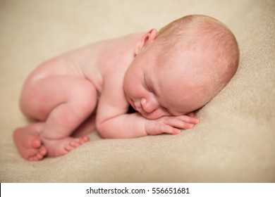 Newborn Baby Sleeps In The Fetal Position. Naked