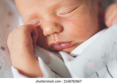 Newborn baby sleeps peacefully. Gentle innocent baby lies on light baby cocoon, closeup portrait at home
