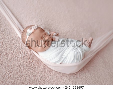Newborn Baby, Swaddled In A Blanket, Sleeps In A Hammock During A Photo Session With A Smile