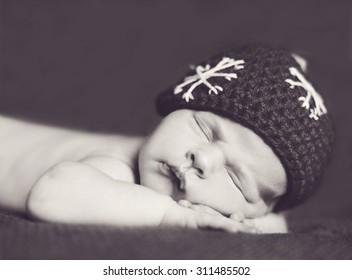 Newborn Baby Wearing Hat Like A Boll For Christmas Tree