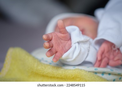 The newborn baby's hand reaches out as if trying to hold something