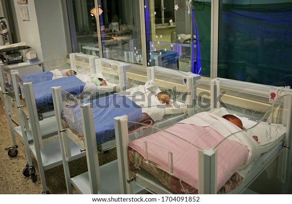 Newborn care hospital nursery ward\
interior with babies in cribs. Turin, Italy - March\
2015
