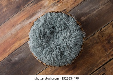 Newborn Digital Background Blue Fur in a Basket on a Wood Background