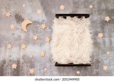 Newborn digital background with pastel wooden backdrop floor, bed props with beige fur, rainbow pastel backdrop, roses, camera toy, mandala rug, bunny and bear toys, mini roses, moon and stars