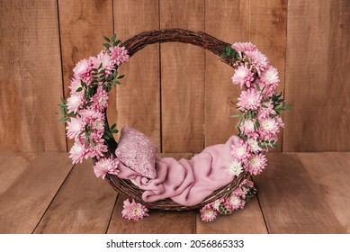 Newborn Digital Background Spring flowers Basket Prop for Newborn. For boys and girls. Wood back. shoot set up with prop bed and wood backdrop - Shutterstock ID 2056865333