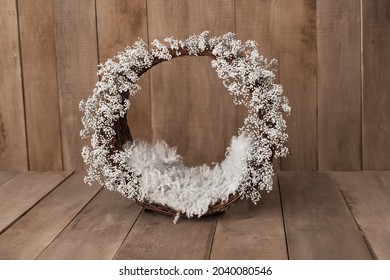 Newborn Digital Background winter flowers Basket Prop for Newborn. For boys and girls. Wood back. shoot set up with prop bed and wood backdrop. Unisex pastel grey monochrome decoration. gender neutral
