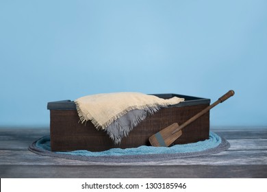 Newborn Digital Background Wood Boat with Blue and Gray 