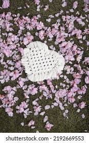 Newborn Girl Photoshoot Background, Crochet Braided White Heart On A Bed Of Real Cherry Blossoms, Green Grass Carpet