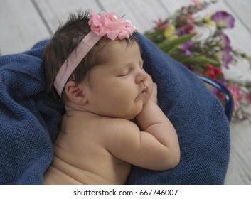 Newborn Girl Sleeping In Small, Antique Wash Tub, Shot From Above