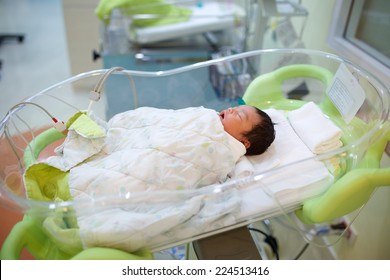 Newborn Infant Sleeping In Hospital Bassinet