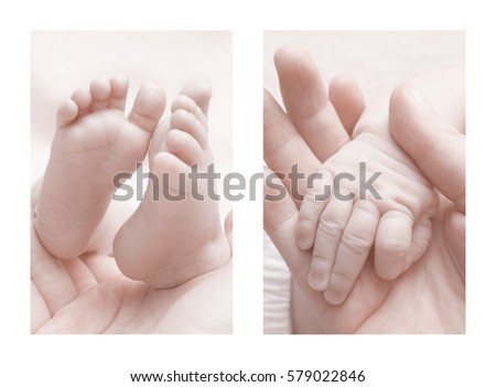 Newborn photo set. Hand the  baby and feet the  baby in the hand of mother close-up. Soft focus, toning and blurry, high key. 
