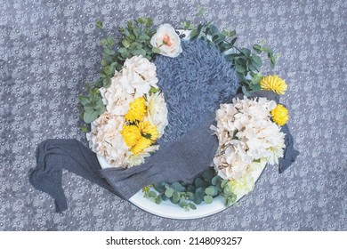 Newborn Photography Digital Background with grey lace and yellow flowers. 