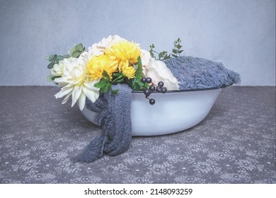 Newborn Photography Digital Background with grey lace and yellow flowers. 