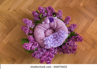 Newborn Photoshoot Setup With Lilac Headband, Bloomer And Flowers