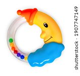 Newborn rattle. Baby toy isolated on white  background with clipping path. New-born clatter with vector path. A toy for tiny tot, to recognize colors and sounds. One of first toys for little baby.
