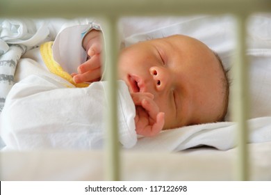 Newborn Sleeping In Hospital Crib