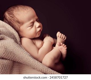 Newborn sleeping on Blanket over black background. Baby sleep in Fetal position Side view. Infant Development. One month Child Health Skin Care - Powered by Shutterstock