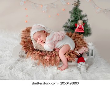 Newborn sleeping on tiny bed next to christmas tree