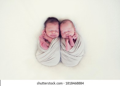 Newborn twins wrapped in a wrap sleeping on blanket. Babies lie together. Sibling love from birth - sisters, brothers.