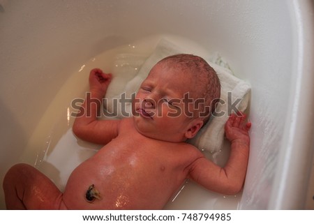 Similar – Newborn in the bathtub with her mother washing her hair