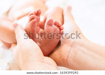 Newborn's legs are small in the hands of parents.