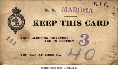 NEWBURG, NEW YORK - CIRCA 1918: WWI Soldiers Cunard Margha Steam Ship Ticket From Newburg, NY To London, England Showing Assigned Sleeping Quarters & Mess Hall During WWI, Circa 1918. 