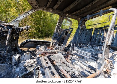 Newburn UK: 29th April 2022: A Stolen Car Which Has Been Burnt Out And Dumped In A Field. Small Car Fire Interior