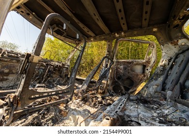 Newburn UK: 29th April 2022: A Stolen Car Which Has Been Burnt Out And Dumped In A Field. Small Car Fire Interior