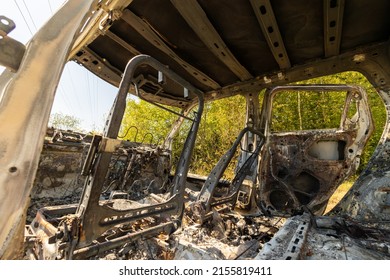 Newburn UK: 29th April 2022: A Stolen Car Which Has Been Burnt Out And Dumped In A Field. Small Car Fire Interior