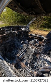 Newburn UK: 29th April 2022: A Stolen Car Which Has Been Burnt Out And Dumped In A Field. Small Car Fire Interior