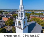 Newburyport historic downtown aerial view including First Religious Society Unitarian Universalist Church with Merrimack River at the background, city of Newburyport, Massachusetts, MA, USA.