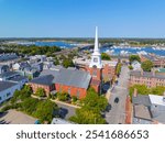 Newburyport historic downtown aerial view including Central Congregational Church with Merrimack River at the background, city of Newburyport, Massachusetts, MA, USA.