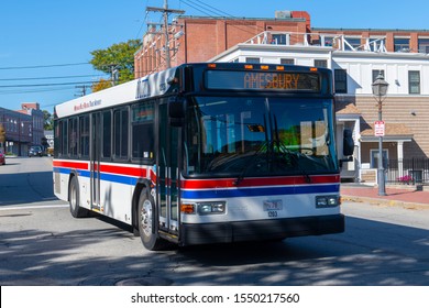 NEWBURYPORT, MA, USA - OCT. 15, 2019: MVRTA Public Bus On Water Street In Downtown Newburyport, Massachusetts MA, USA. MVRTA Is Merrimack Valley Regional Transit Authority Based In Haverhill, MA.