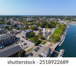 Newburyport Waterfront Promenade Park and Merrimack River aerial view in historic downtown Newburyport, Massachusetts MA, USA.