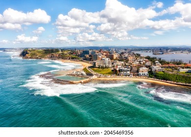 Newcaste in NSW of Australia - Pacific coast waterfront at Hunter river mouth. Aerial scenic landscape. - Shutterstock ID 2045469356