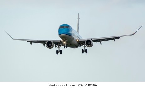 Newcastle Airport UK March 25th 2021, KLM City Hopper Plane Landing At Newcastle Airport UK