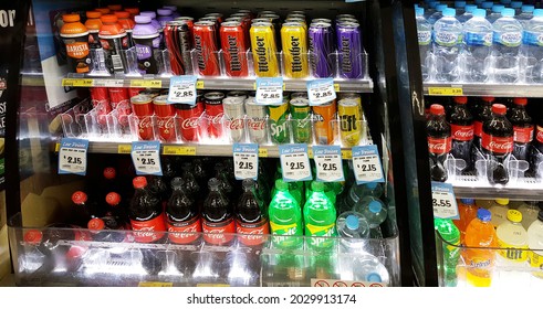 Newcastle, Australia - Aug 2021: Selective Focus View Of The Various Brand Soft Drink In The Fridge At The Local Convenience Store (barista, Coca-cola, Spring Water, Sprite, Fanta, Mother, Lift)