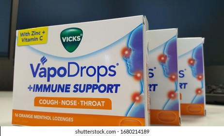 Newcastle, Australia - Mar 2020:  View Of A 3 Boxes Of Vicks Vapo Drops Menthol Lozenges With Zinc And Vitamin C For Cough, Nose And Throat. Specially Formulated To Fight With Winter Cold And Viruses