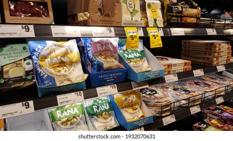 Newcastle, Australia - Mar 2021: Various Brand Of Imported Fresh Pasta, Ready Meal And Frozen Pizza Display On The Refrigerator Shelf At Woolworths Metro Newcastle East At CBD. 