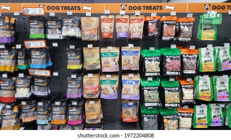 Newcastle, Australia - May 2021: Selective Focus View Of Various Brand Or Type Of Dog Treats Or Snack ( For Dog Training, Dog Teething Or Award) On The Shelf At Local Pet Store Or Suppermarket.