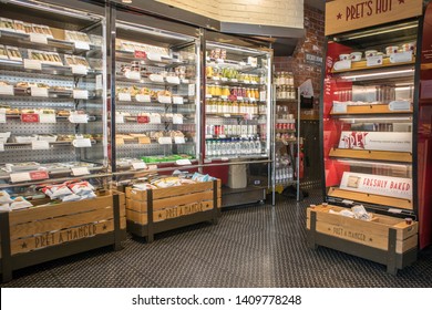 Newcastle / England - Mar 18, 2019 : Hot And Cold Food In Heated And Chilled Display Units In Cafe Style Fast Food Shop Store.  Pret A Manger