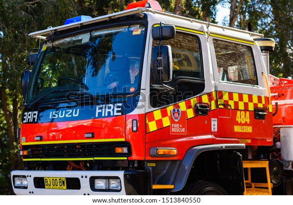 Newcastle, New South Wales, Australia- 11 August\
2019: Close up of a fire\
truck.