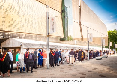 Newcastle, Tyne And Wear / England - 04 July 2019:  Student And Family Queuing For The Academic Congregation At Sports Central Northumbria University.