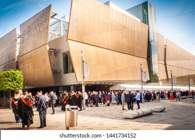 Newcastle, Tyne And Wear / England - 04 July 2019:  Student And Family Queuing For The Academic Congregation At Sports Central Northumbria University.