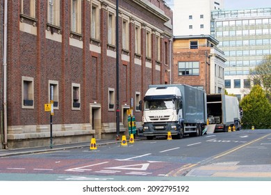 Newcastle, UK - November 6th 2021: Road Crew Unloading Trucks At The Stage Door Of The O2 City Hall Newcastle. A Popular Concert Hall. High Quality Photo