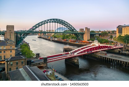 Newcastle upon Tyne city with Tyne Bridge and Swing Bridge over River Tyne, Gateshead, Tyne and Wear, England, United Kingdom, Europe