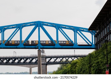 Newcastle Upon Tyne England: 18th May 2022: A Metro Train Crosses The Queen Elizabeth II Bridge In Newcastle Upon Tyne