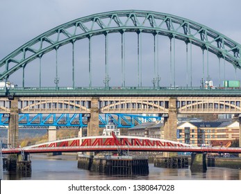 Newcastle Upon Tyne, England, United Kingdom. April 5, 2019. The bridges over the river Tyne at different levels (Tyne, High, Swing and Queen Elizabeth II bridges)